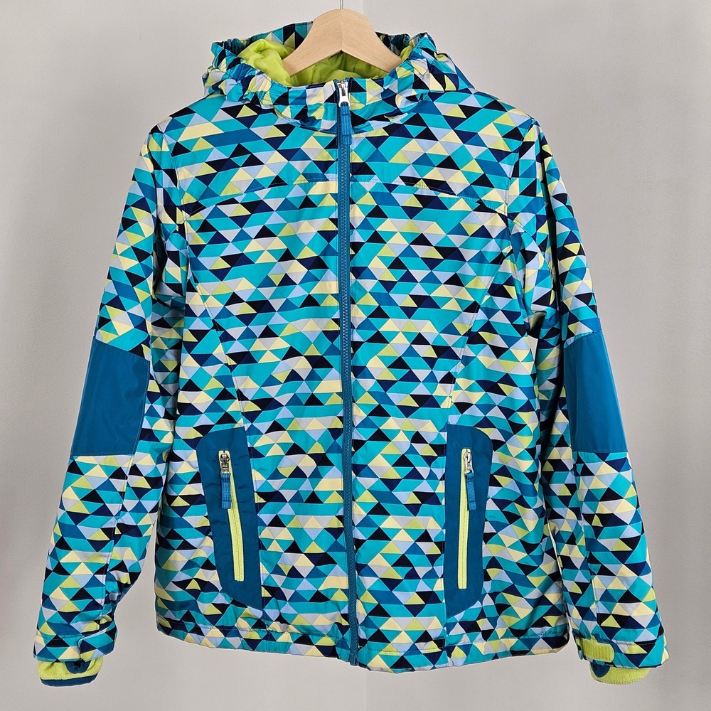 Lands End Kids Winter Jacket XL 16+ Blue Teal Geometric Hooded Coat